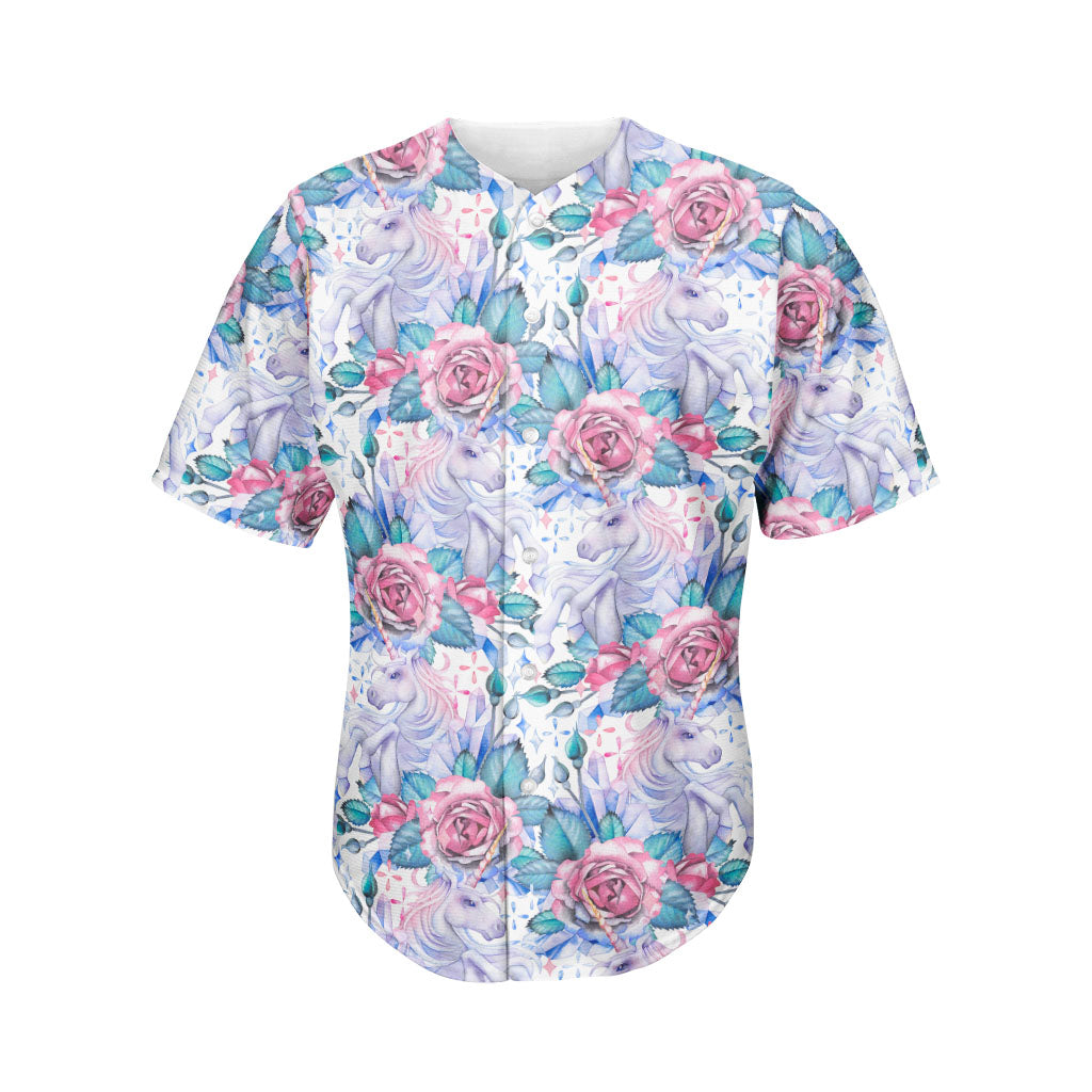 White Fairy Rose Unicorn Pattern Print Men’S Baseball Jersey 3D Print