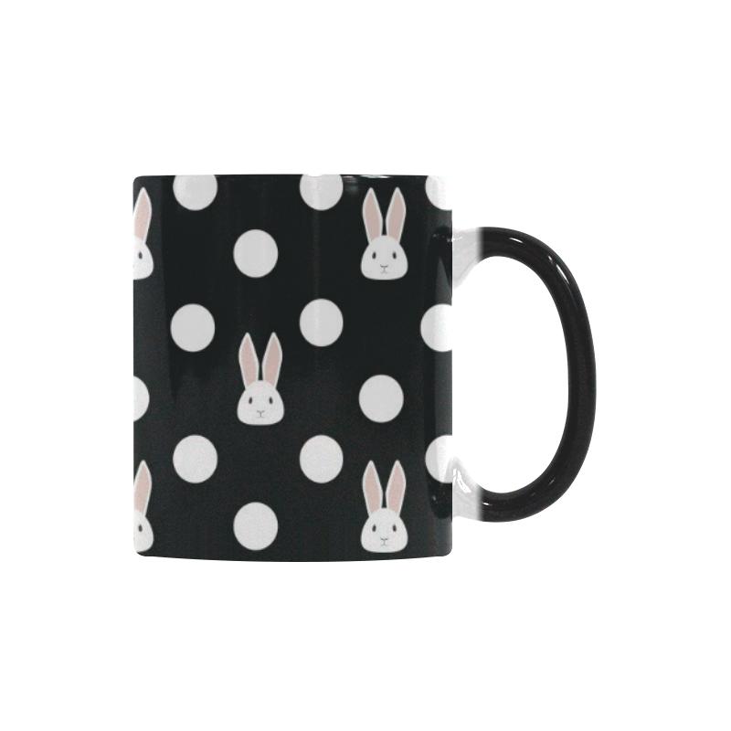 Cute white rabbit polka dots black background Morphing Mug Heat Changing Mug