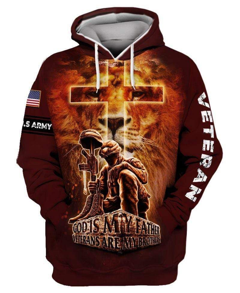 Veteran Hoodie Military Gifts Cross Fire Lion Veteran God Is My Father Hoodie 3D