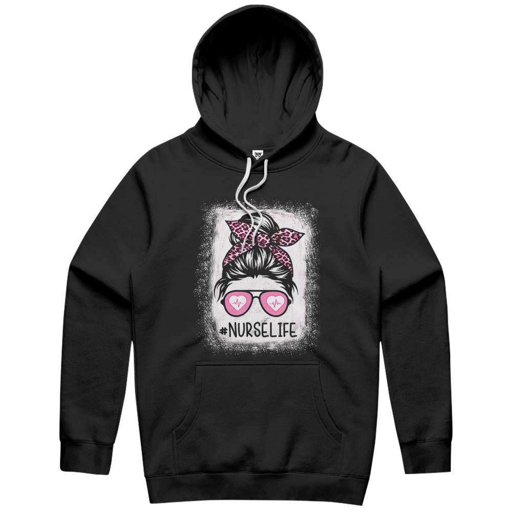 Nurse Life Bleached Shirts Pink Leopard Messy Bun Nurse Life Hoodie