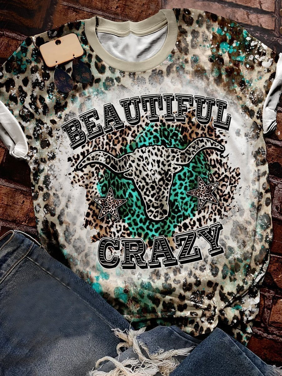 Beautiful Crazy Cow Skull Leopard Print Short Sleeve T-Shirt