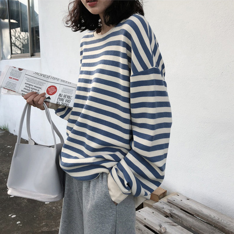 Women’s Sweatshirt Harajuku Casual Stripe Cotton Hoodie Clothes 2021 Autumn Long Sleeve Loose Korean Pullover Sweatshirt Tops alx