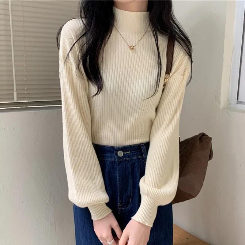 Sweater Women’s Half Turtleneck Lantern Sleeve Solid Color Sweater Knitted Top Women’s Pullover Autumn and Winter Dropshipping alx