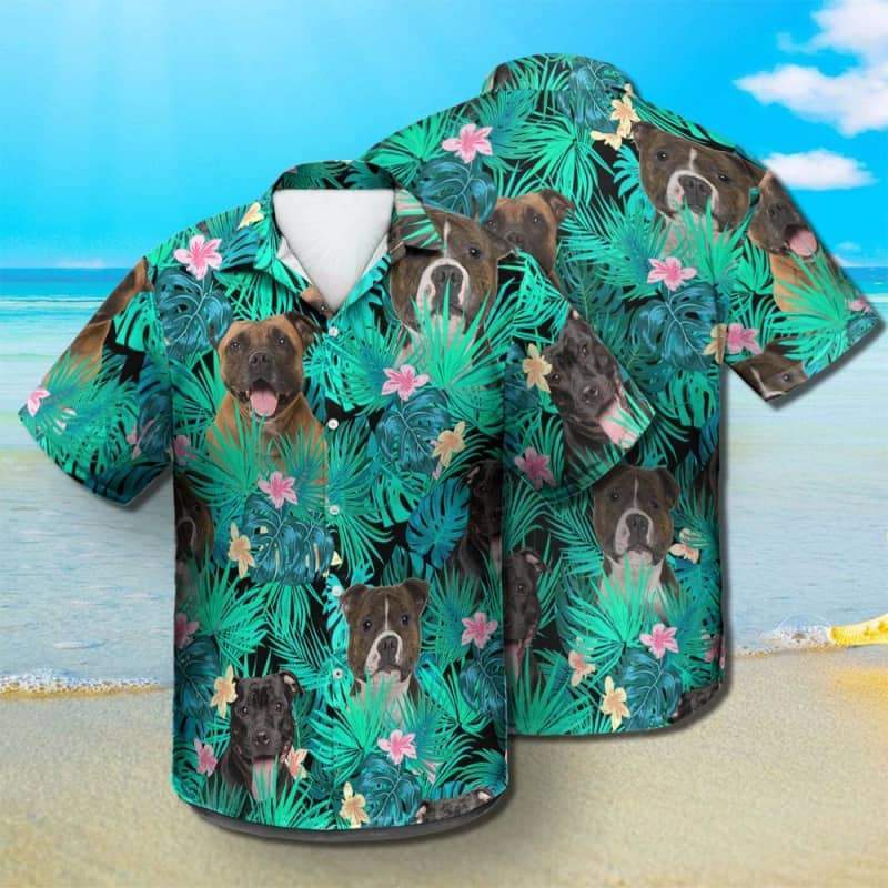 Staffordshire Bull Terrier Hawaiian Shirt, Dog Summer Leaves Hawaiian Shirt, Unisex Print Aloha Short Sleeve Casual Shirt