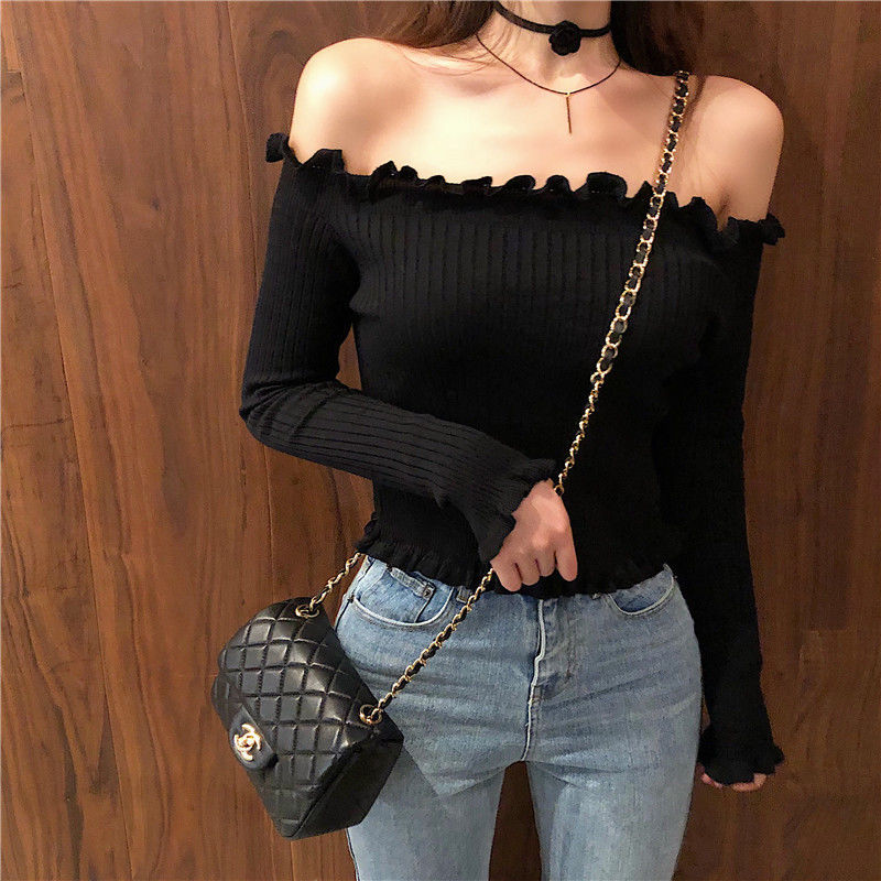 Woman Sweaters Autumn Sexy Short Off-Shoulder Top Women’s Black Long Sleeve Off-Shoulder T-shirt alx