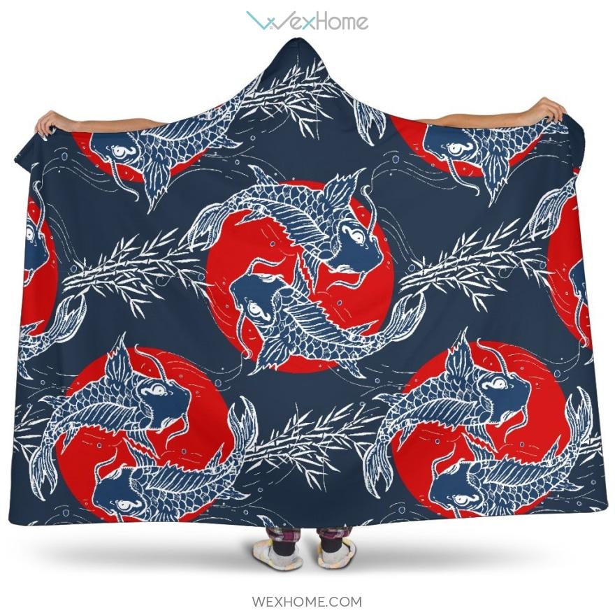 Koi Fish Carp Fishs Hand Drawn Japanese Art Hooded Blanket