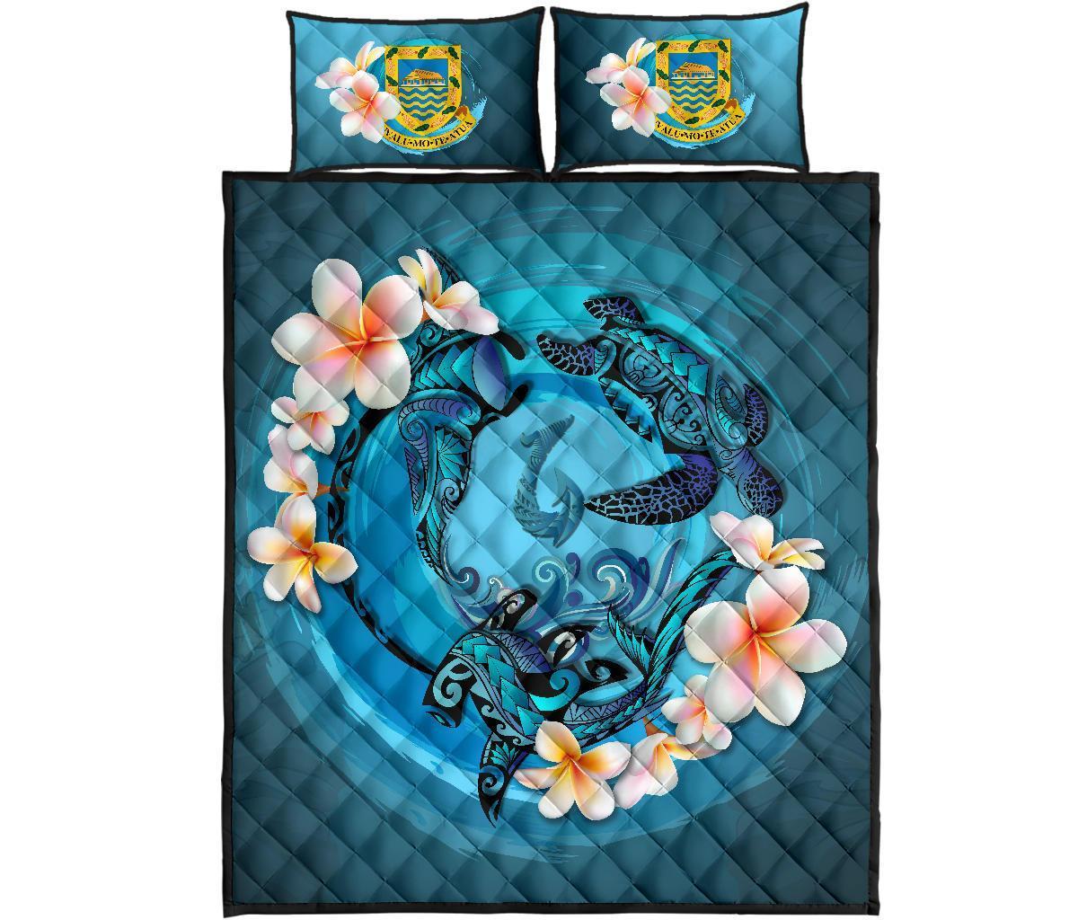 Tuvalu Polynesian Quilt Bed Set – Blue Plumeria Animal Tattoo A24