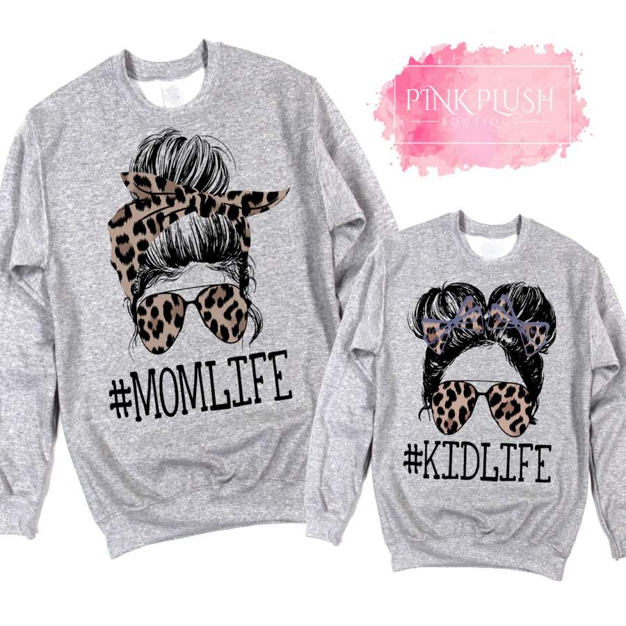 NEW! “#KIDLIFE + #MOMLIFE” Crewneck Sweatshirts – Athletic Grey / Brown Leopard