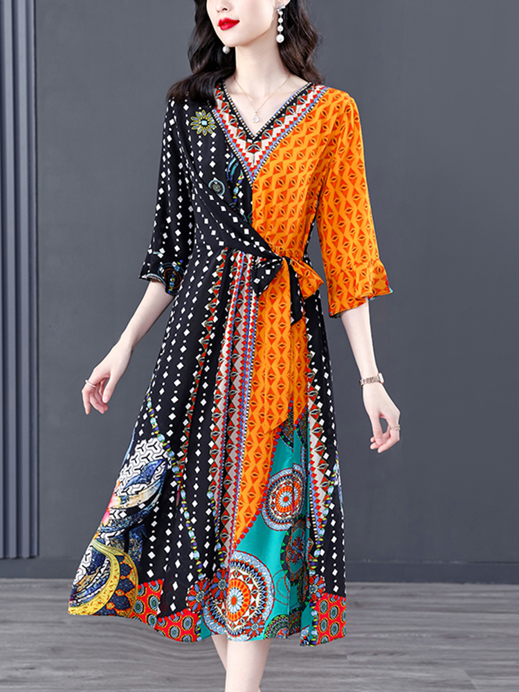 Summer Print Natural Silk Flare Sleeve V-Neck Midi Dress Women Korean Vintage Casaul Party Dress 2022 New Elegant Bodycon Dress alx