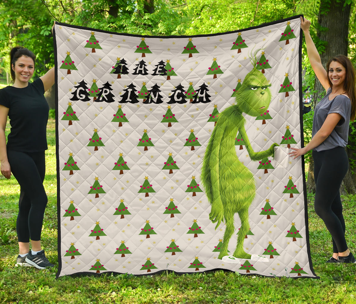 Christmas Premium Quilt | The Grumpy Grinch Drink Coffee Xmas Tree Patterns Quilt Blanket