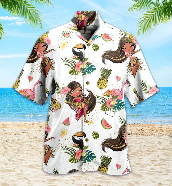 Hawaiian Girl And Flamingo Parrot Funny Colorful Shirt Ha23095