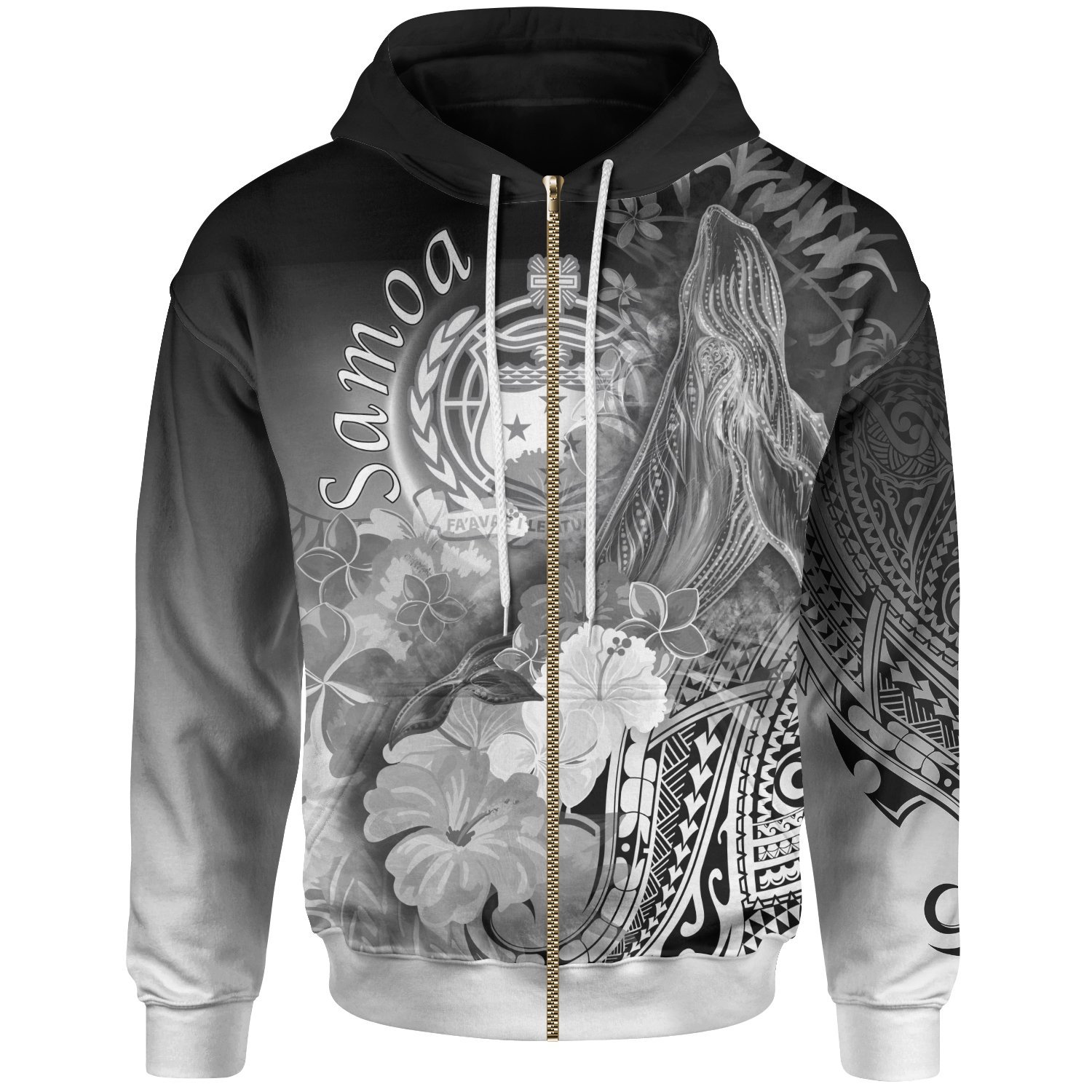 Samoa Zip-Up Hoodie – Humpback Whale with Tropical Flowers (White)- Pacific Print Hoodie