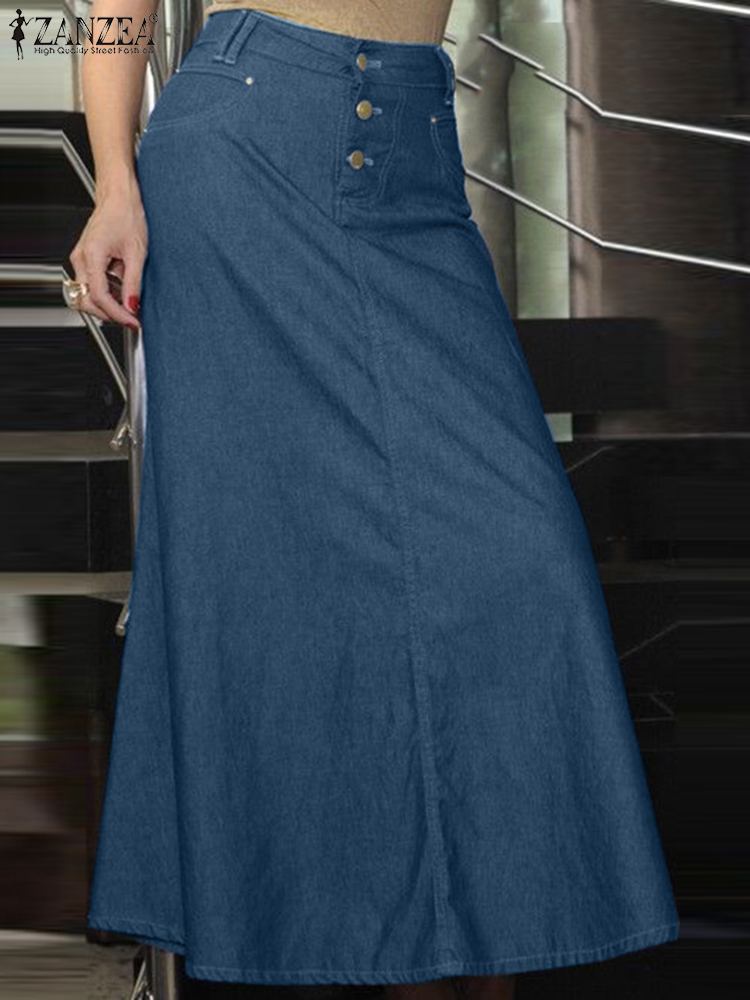 ZANZEA Women High Waist Denim Blue Skirt Fashion Summer A-line Party Long Skirts Faldas Saia Vintage Solid Work Maxi Skirt Jupe alx