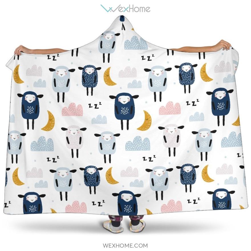 Cute Sleeping Sheep Moon Cloud Pattern Hooded Blanket