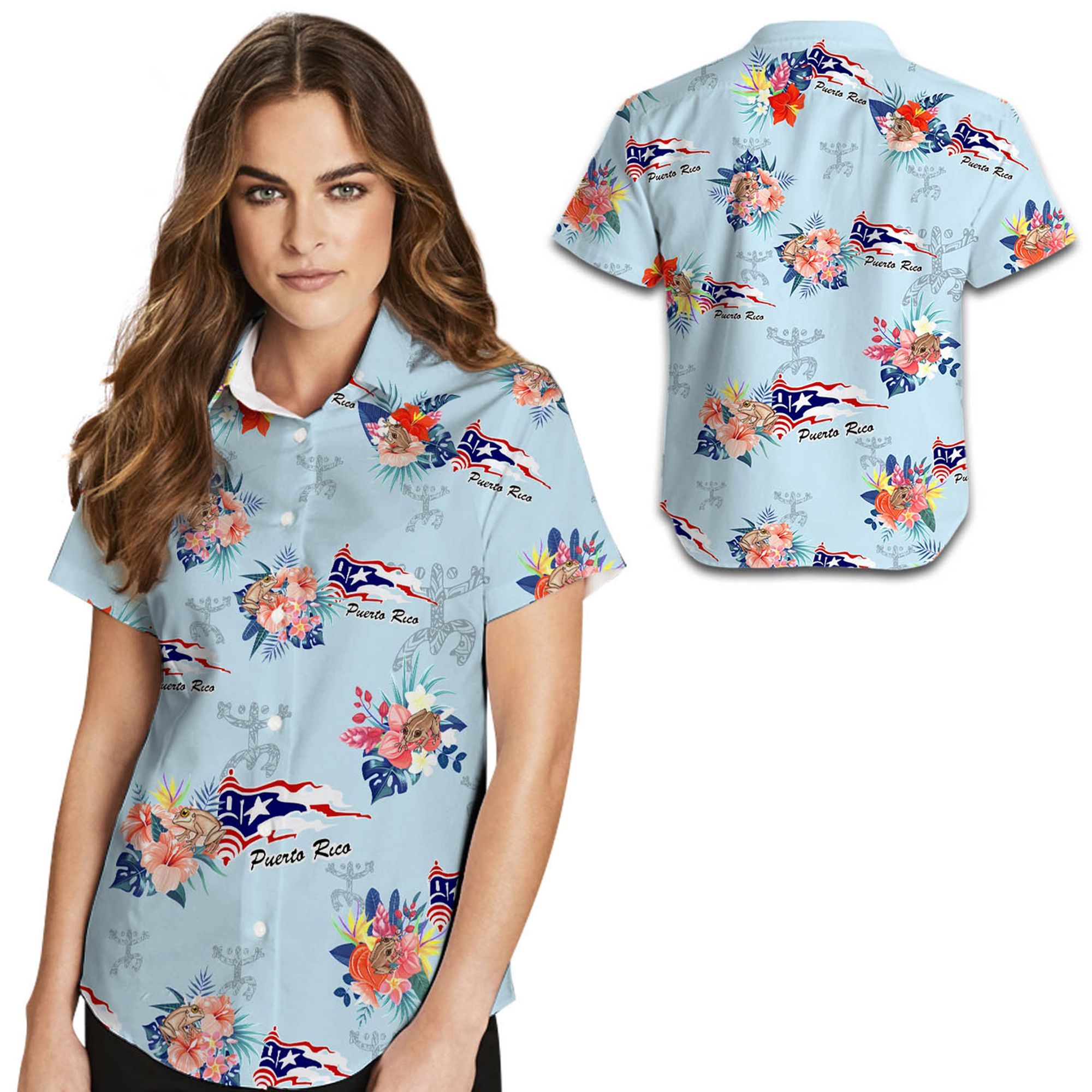 Beach Shirt Puerto Rico Frog Flag Hibiscus 3D Hawaiian Shirt For Women For Puerto Rican