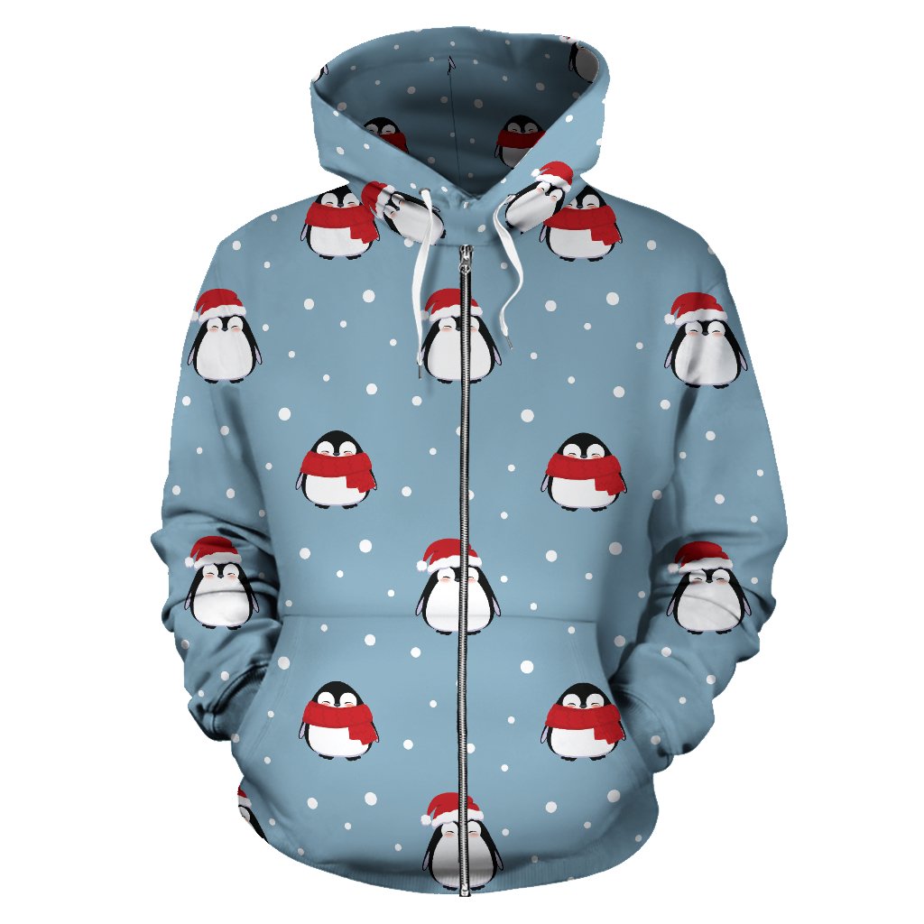 Cute Penguin Christmas Snow Pattern Zip Up Hoodie