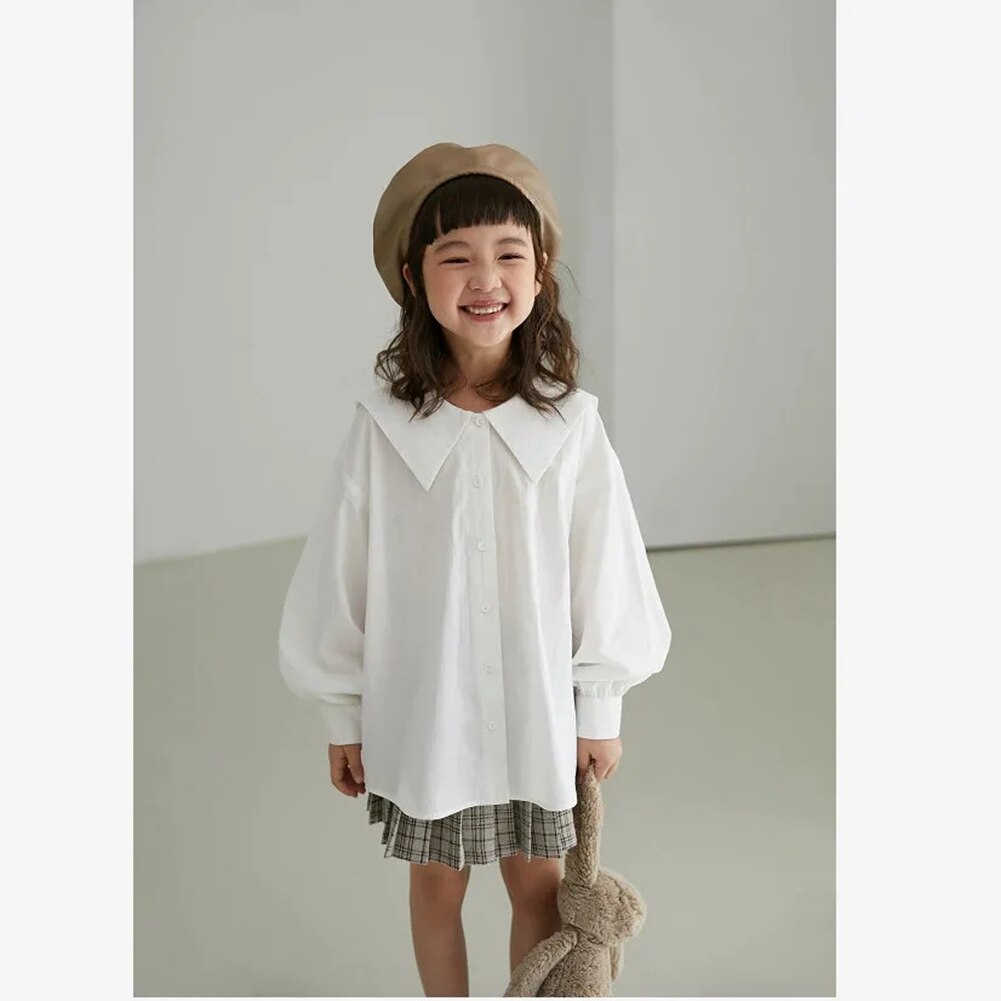 White Shirt Kids Girls Long Sleeve Children Korean Loose Solid Square Collar Blouse School Clothes Blusa Infantil Chemise Teeny alx