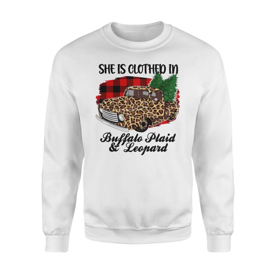 She Is Clothed In Buffalo Plaid And Leopard Funny Christmas Truck Sweatshirt