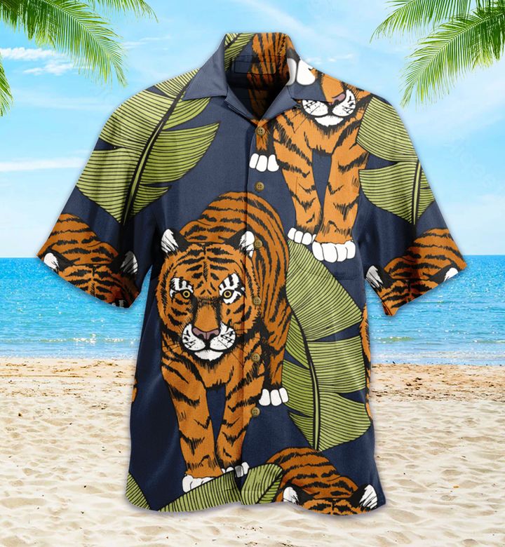 Tiger In Tropical Leaves Graphic Blue Hawaii Shirt Ha56901