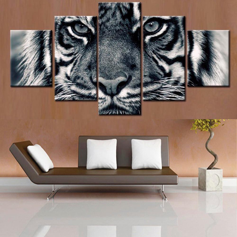 Eyes Tiger Canvas Wall Art Hd Printed Poster Decoration 5 Panel With Frame