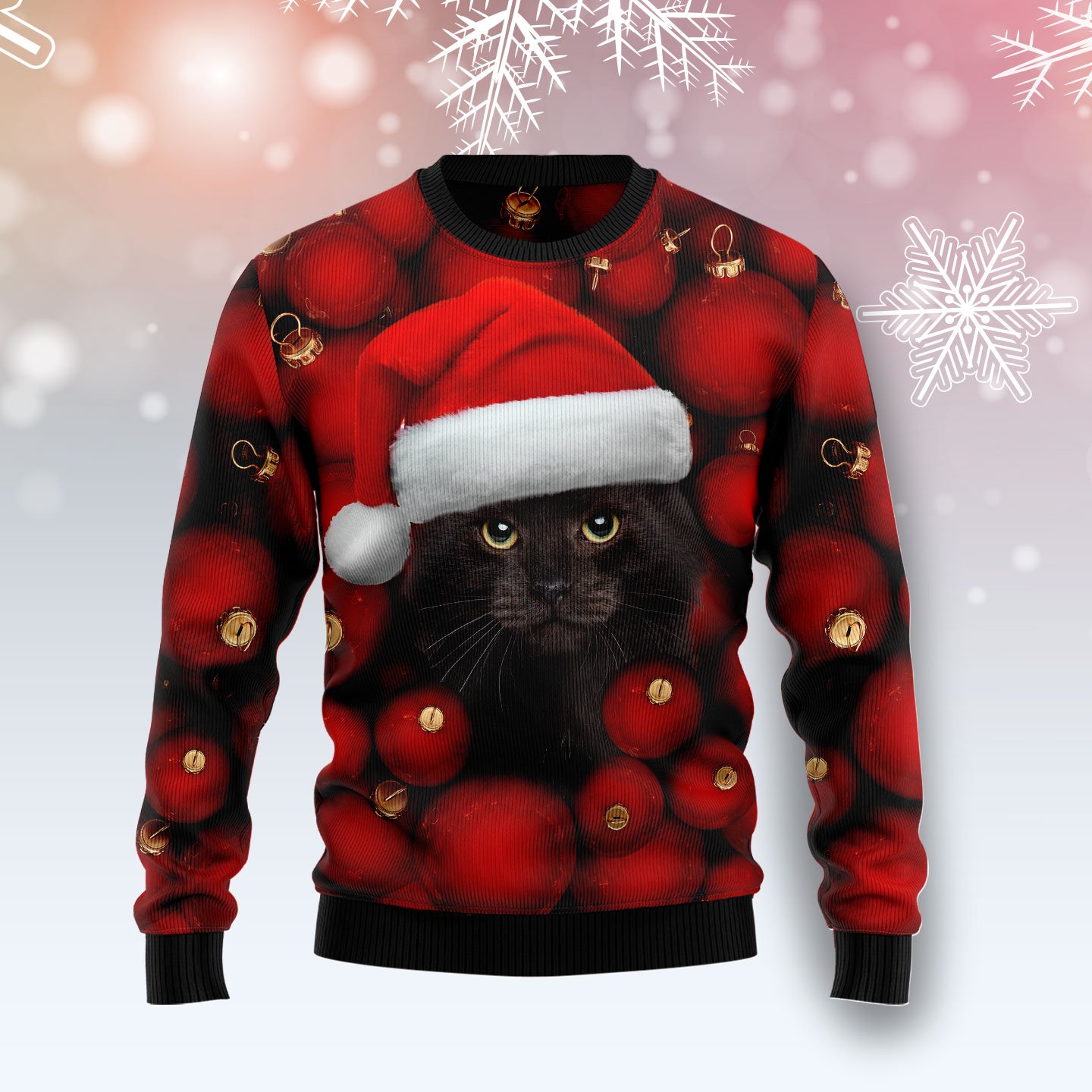 Black Cat Ornament Ty2611 Unisex Womens & Mens, Couples Matching, Friends, Funny Family Ugly Christmas Holiday Sweater Gifts (Plus Size Available)