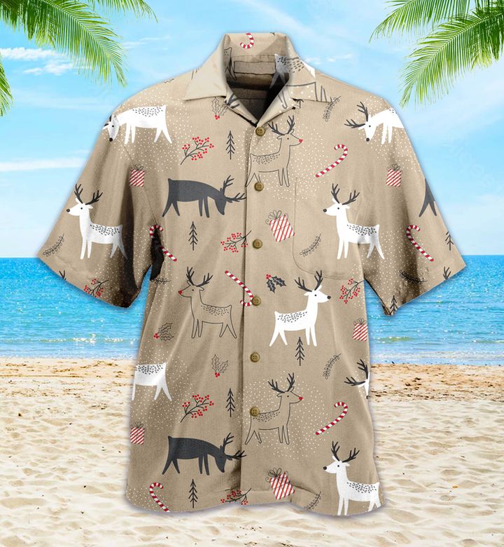 Pattern Reindeer Leaves Berries Beige Hawaiian Shirt 3D