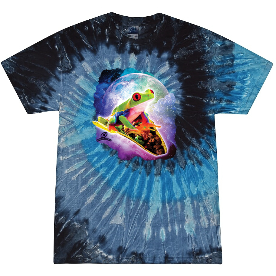 Cosmic Red Tree Frog Riding Taco Tie-Dye T-Shirt