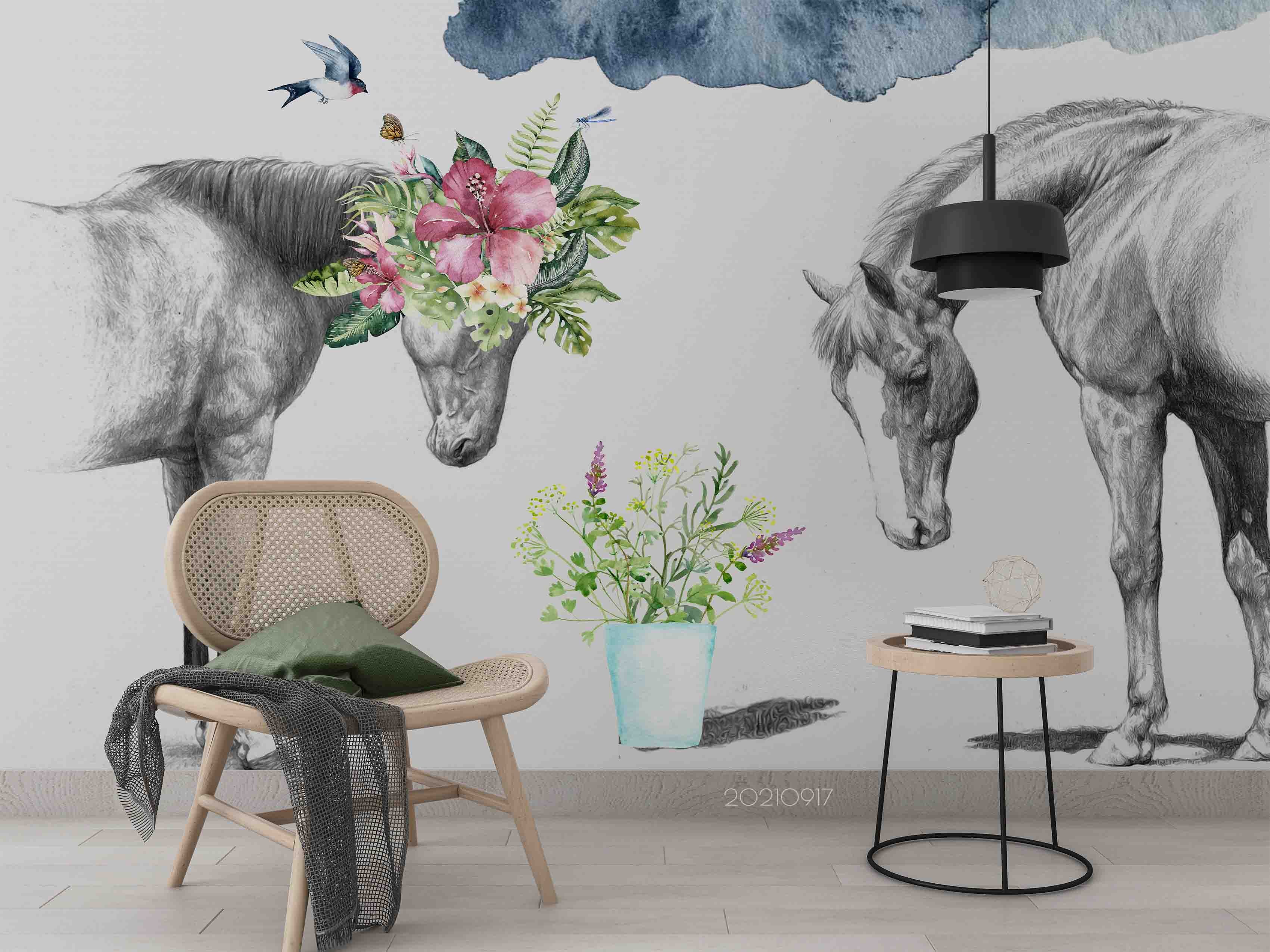 3D Hand Drawn Animal Horse Floral Wall Mural Wallpaper Lqh 98