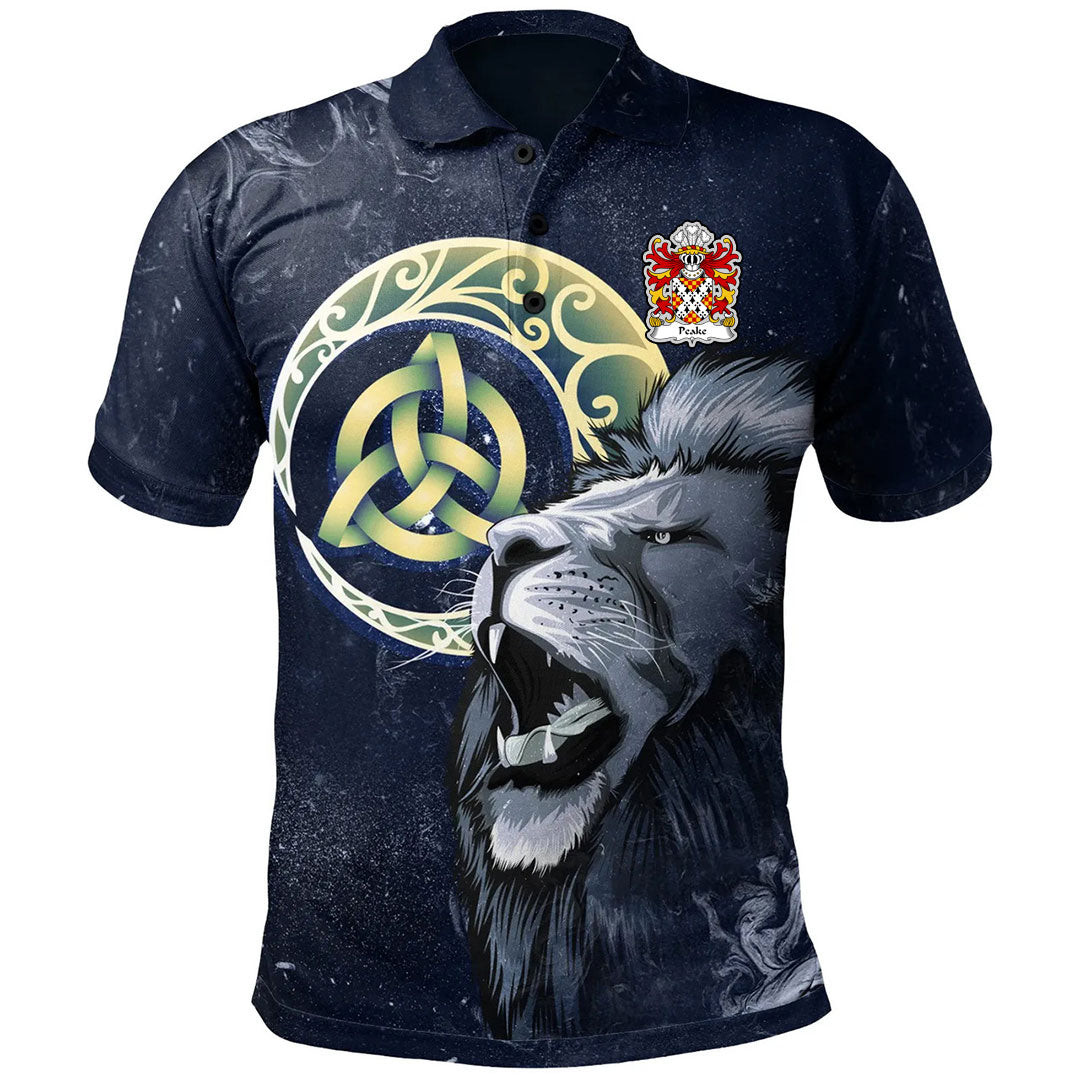 1Sttheworld Wales Polo Shirt – Peake Or Pec Denbighshire Welsh Family Crest Polo Shirt – Lion & Celtic Moon – Golf Shirt A7