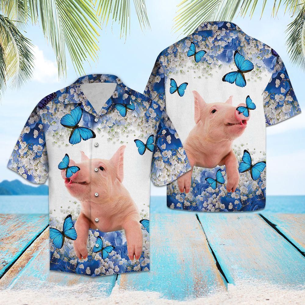 Aloha Shirt Pig Blue And White Flower Hawaii Ha97875