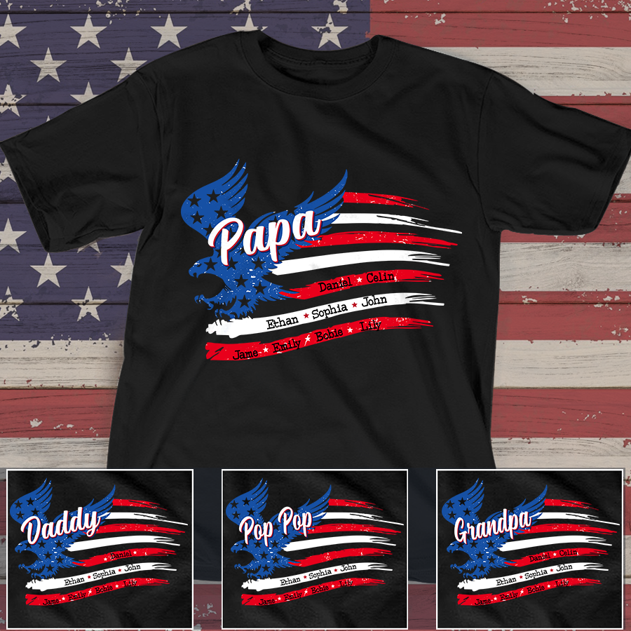 Personalized Papa With Grandkids Names 4Th Of July, Eagle Flag American Shirt, Gift For Papa Dad Father’S Day