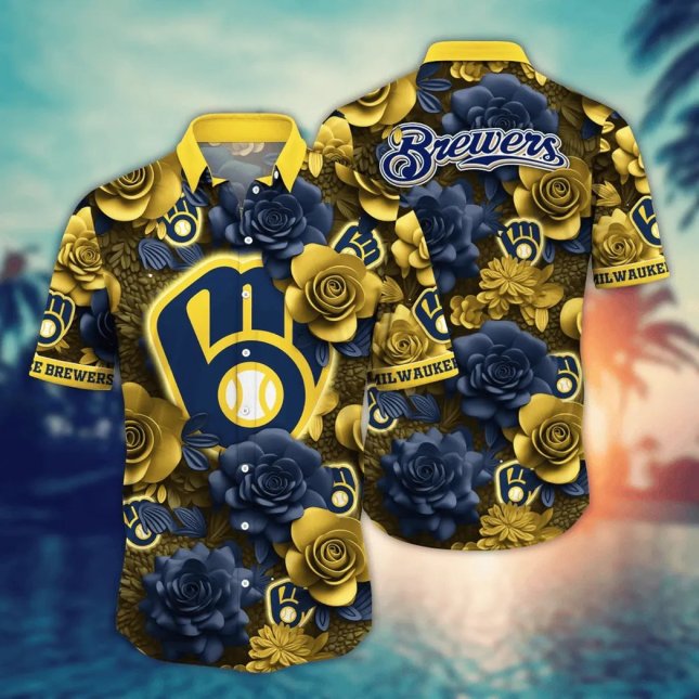Milwaukee Brewers Hawaiian Shirt Midnight Rose Design