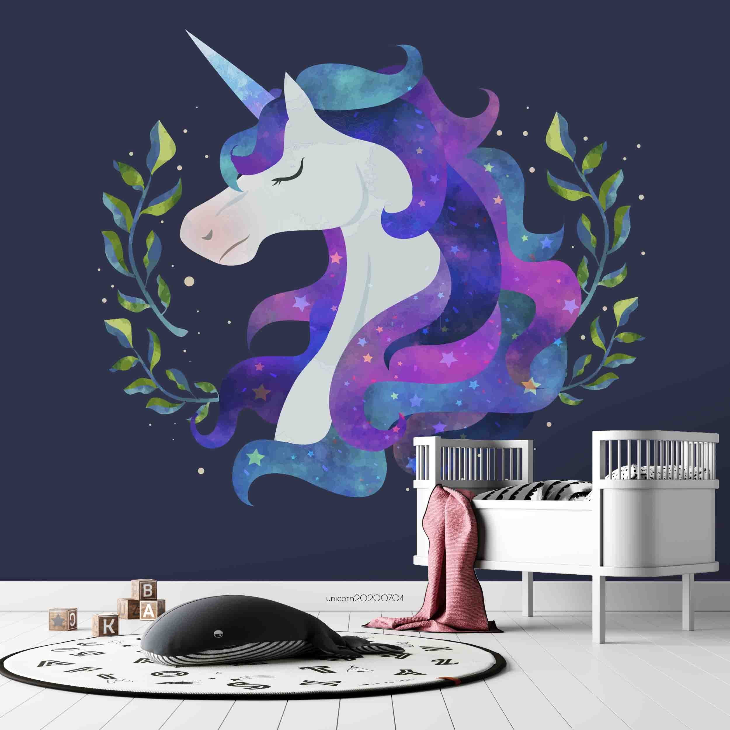 3D Cartoon Blue Grass Ring Unicorn Wall Mural Wallpaper Lxl 229