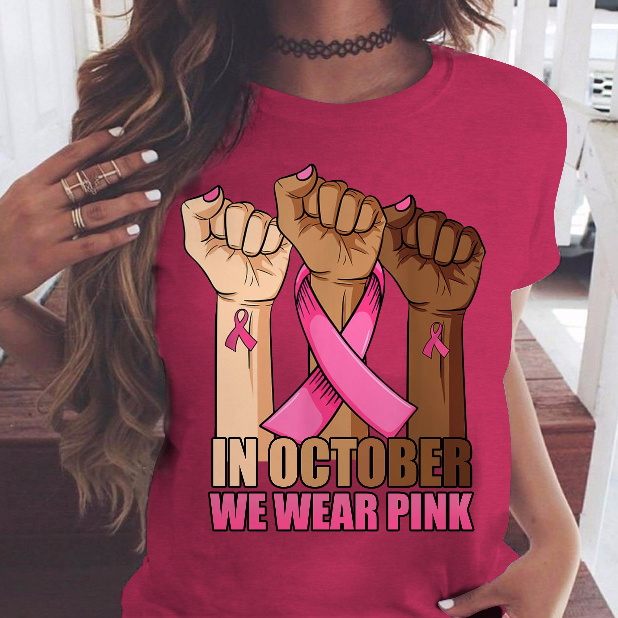 Hand In October We Wear Pink Breast Cancer Awareness Month T-Shirt
