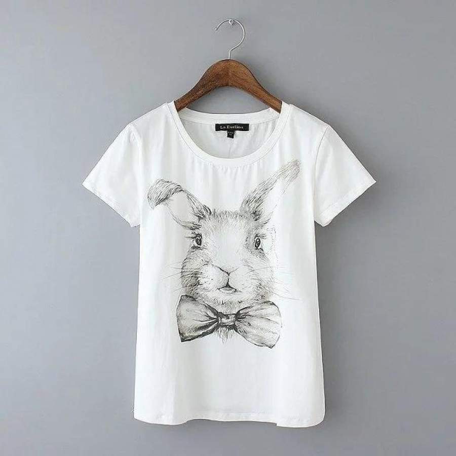 Round Neck Bow Rabbit Hot Drilling Printed Short-Sleeved T-Shirt