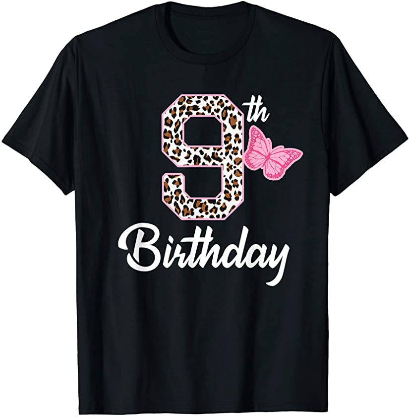 9th birthday 9 year old girl leopard Butterfly age 9 T-Shirt