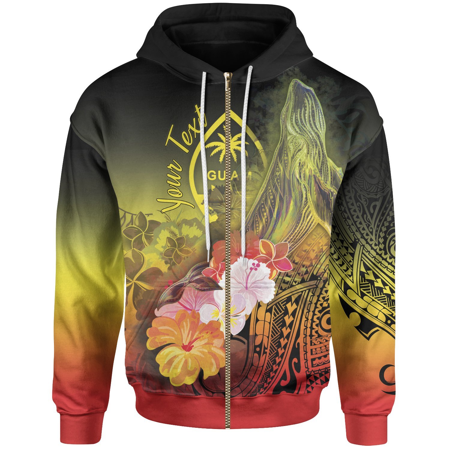 Guam Personalised Zip-Up Hoodie – Humpback Whale with Tropical Flowers (Yellow)- Pacific Print Hoodie