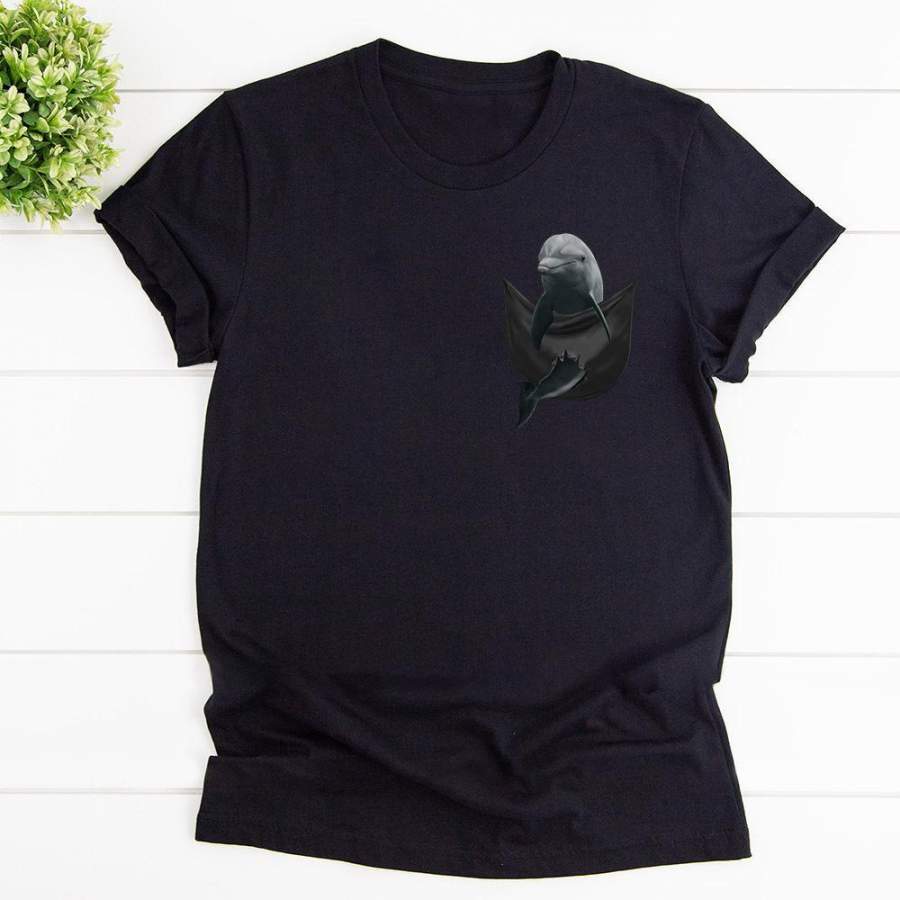 Dolphin Inside Pocket Dolphin Lover Black Cotton T Shirt For Men and Women S-6XL