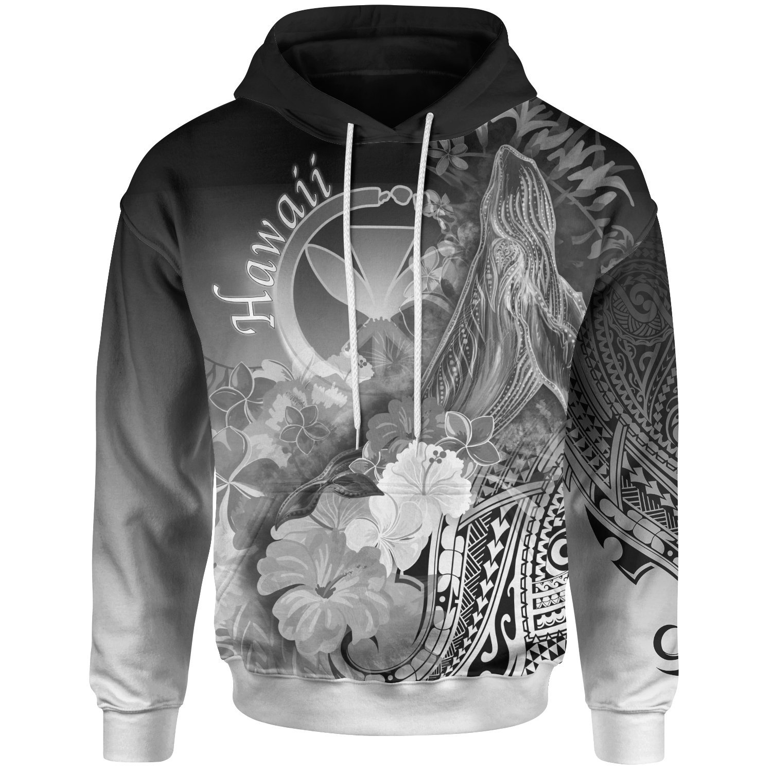 Polynesian Hawaii Hoodie – Kanaka Maoli Humpback Whale with Tropical Flowers (White)- Pacific Print Hoodie