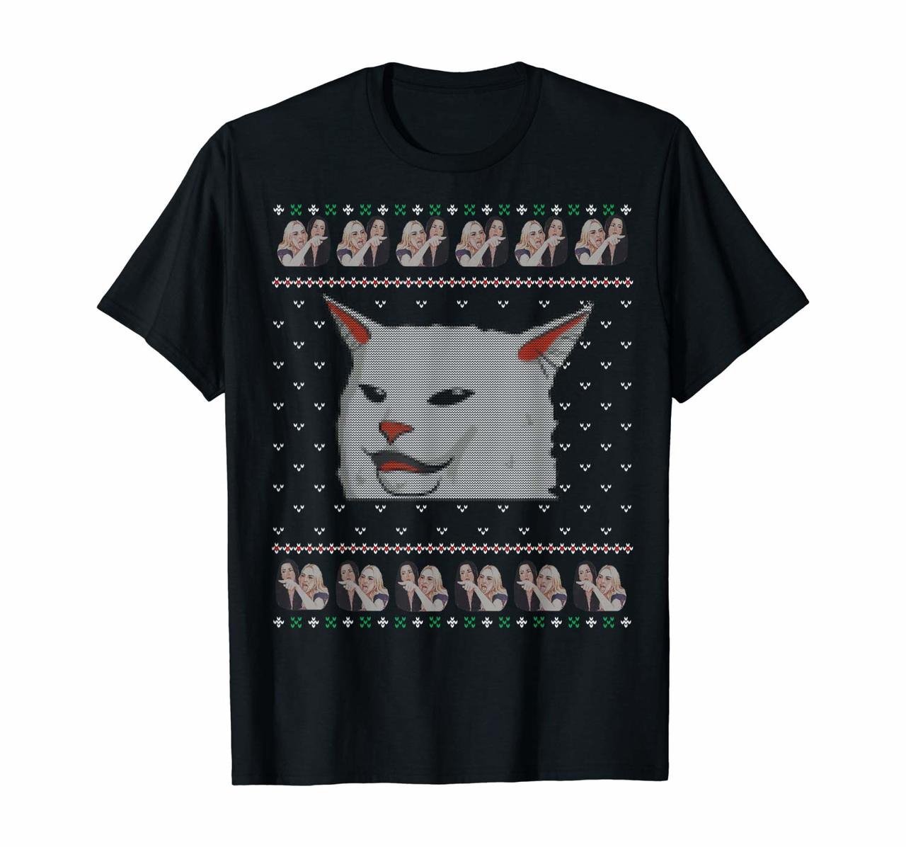 Ugly Christmas Sweater-Style Yelling Woman At Cat Meme T-Shirt