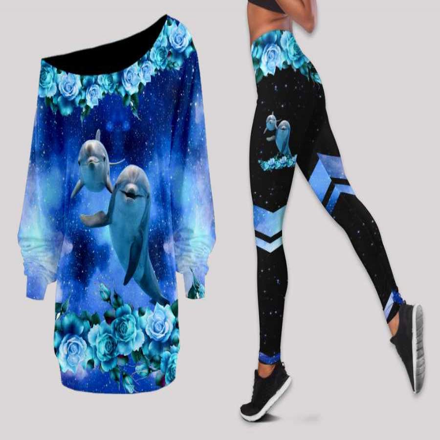 Dolphins And Blue Roses Off Shoulder Long Sleeves Top and Leggings Set