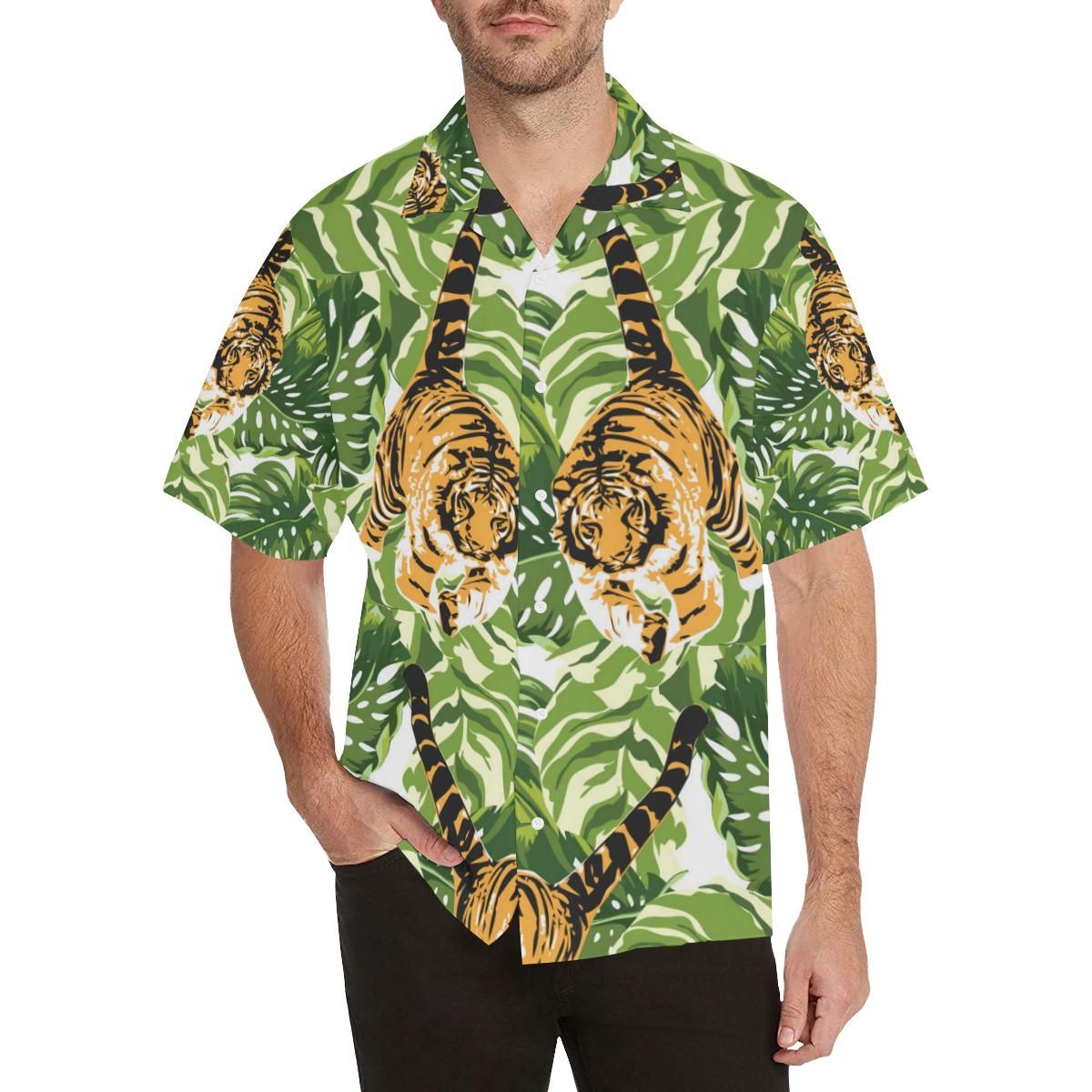 Bengal Tiger Pattern Leaves Men’s All Over Print Hawaiian Shirt