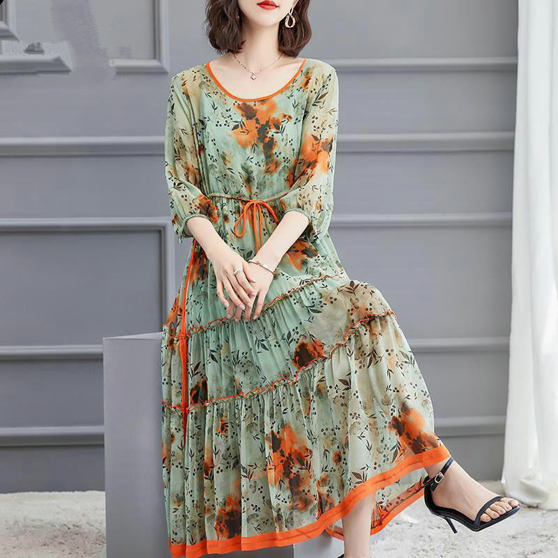 Summer Print 3XL Faux Silk Dress Women Elegant Bodycon Party Vestidos Boho Vintage Printed Loose Midi Dresses J426 alx