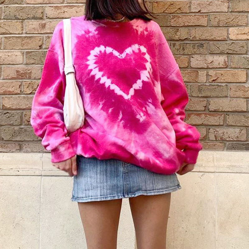 Women’s Sweaters Tie Dye Pullover Tops Long Sleeve Crew Neck Heart Print Loose Fit Sweatshirts Autumn Streetwear Warm Clothes alx