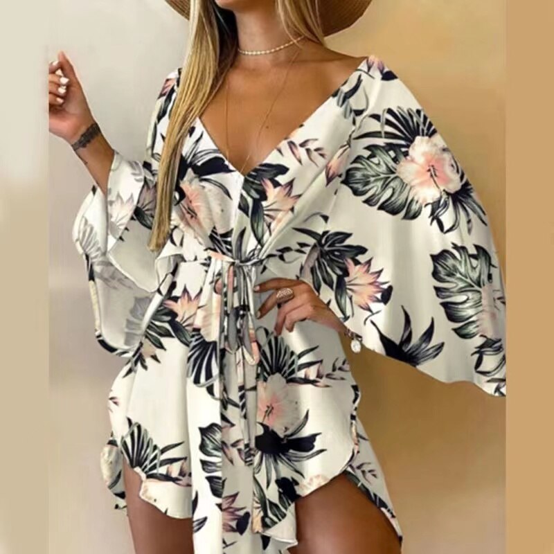 2022 New Summer Beach Elegant Women Dresses Sexy V Neck Lace-up Floral Print Mini Dress Casual Flared Sleeves Ladies Party Dress alx