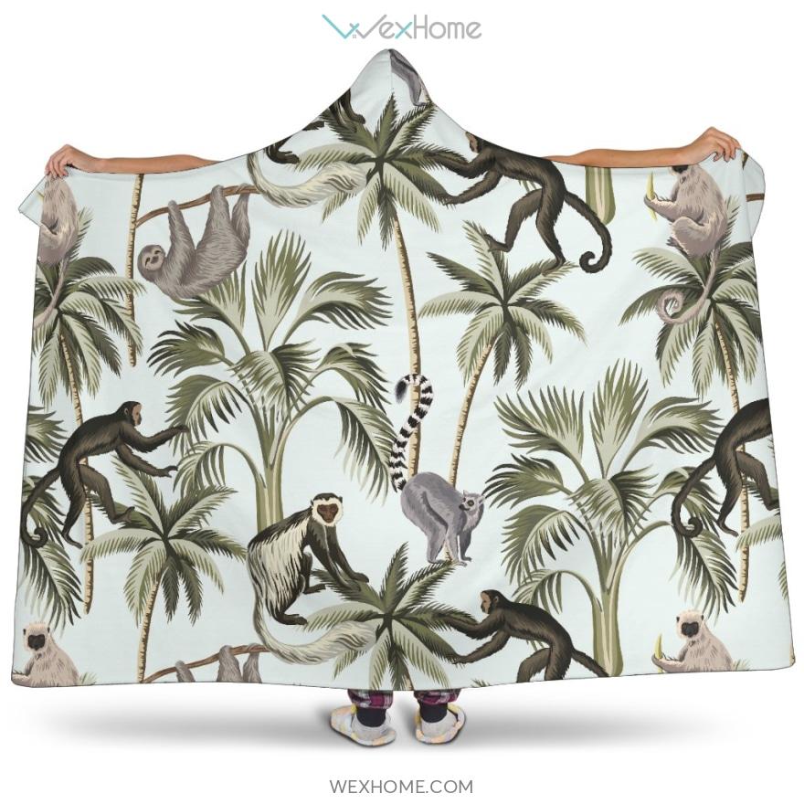 Monkey Sloth Lemur Palm Trees Pattern Hooded Blanket