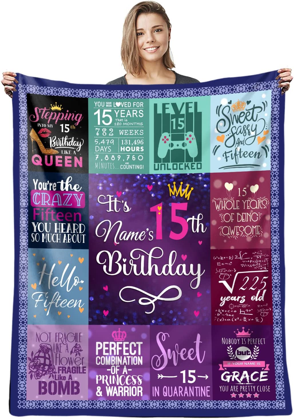 15Th Birthday Blanket Custom Blanket With Name 15 Year Old Girl Gifts For Birthday Throws Blanket – Quinceanera Gifts Blanket – Personalized Gift For Teen Girls – 15Th Birthday Decorations