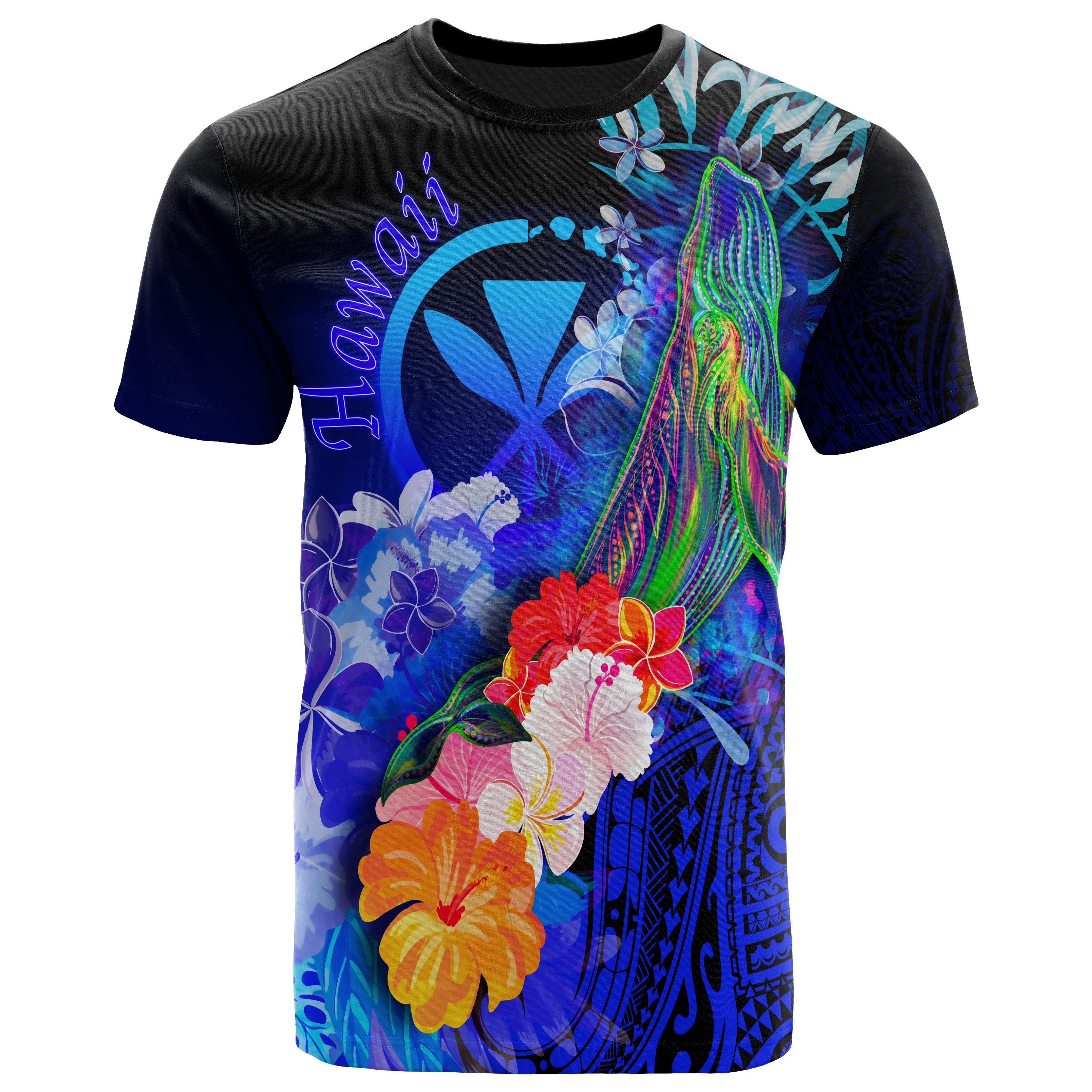 Polynesian Hawaii T-Shirts – Kanaka Maoli Humpback Whale With Tropical Flowers (Blue)