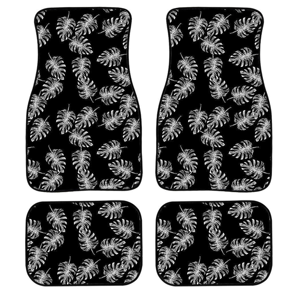 Black And White Monstera Pattern Print Front And Back Car Floor Mats, Front Car Mat