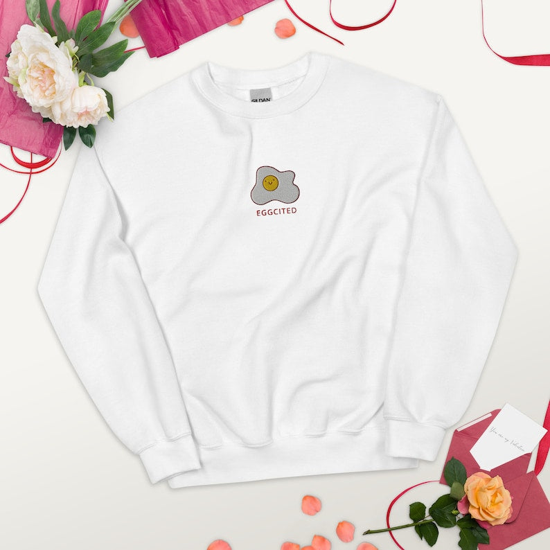 Eggcited Embroidered Sweatshirt 2D Crewneck Sweatshirt All Over Print Sweatshirt For Women Sweatshirt For Men Sws3133